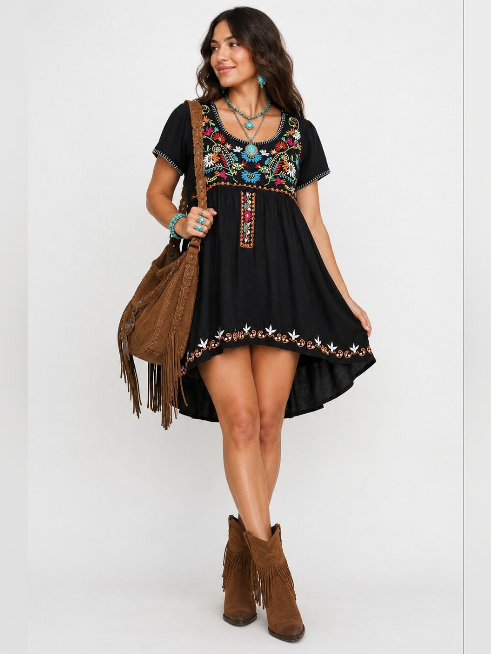 South Main Black Embroidered Boho Folk Tunic Mini Dress XL Cotton Festival Coast